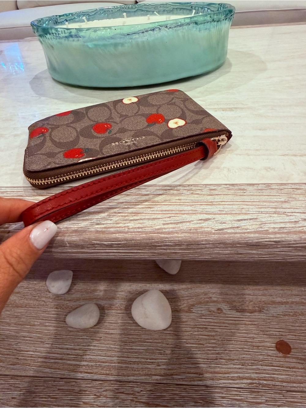 Coach Signature Canvas Wristlet with Red Apple Print - Picture 3 of 6